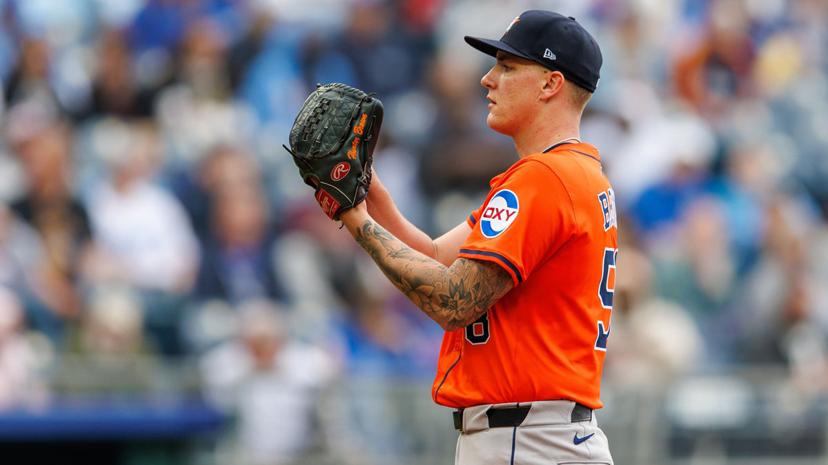 Houston Astros pitcher Hunter Brown (58) on the mound during the third inning against the Kansas City Royals at Kauffman Stadium.