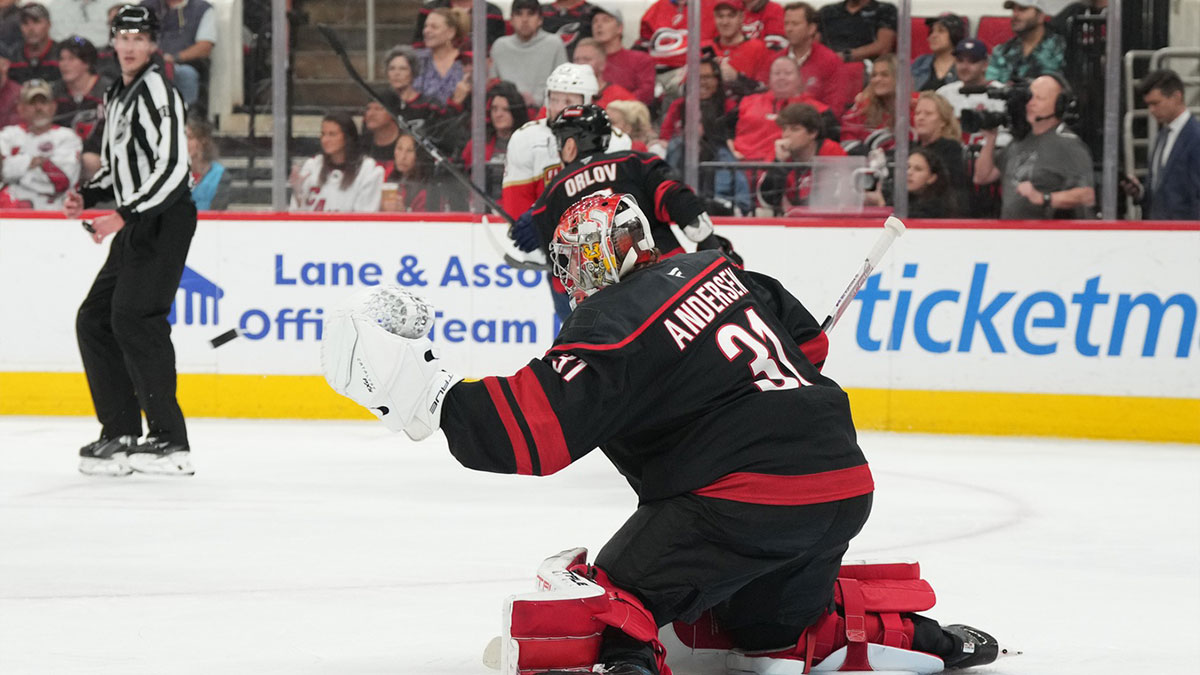 Carolina Hurricanes goaltender Frederik Andersen (31) reaches for a shot on goal during the second period against the Florida Panthers in game two of the Eastern Conference Final of the 2025 Stanley Cup Playoffs at Lenovo Center.