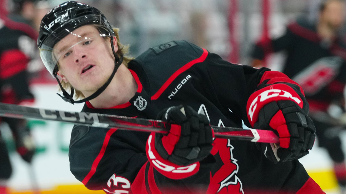 Carolina Hurricanes right wing Jackson Blake (53) watches his shot during the warmups before the game against the Washington Capitals in game three of the second round of the 2025 Stanley Cup Playoffs at Lenovo Center.