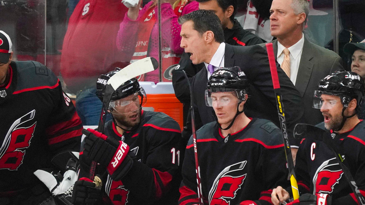 Carolina Hurricanes head coach Rod Brind'Amour reacts behind the players bench against the Washington Capitals in game six of the first round of the 2019 Stanley Cup Playoffs at PNC Arena. The Carolina Hurricanes defied the Washington Capitals 5-2.