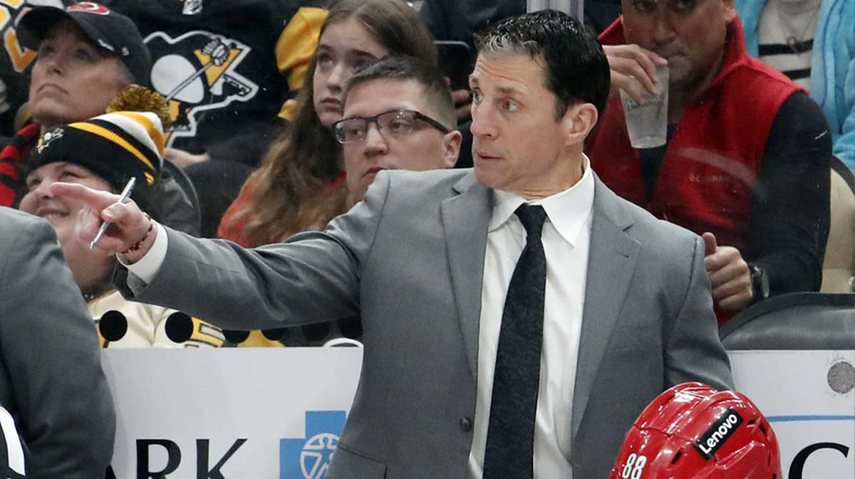 Carolina Hurricanes head coach Rod Brind'Amour gestures on the bench against the Pittsburgh Penguins during the third period at PPG Paints Arena. Pittsburgh won 4-1.