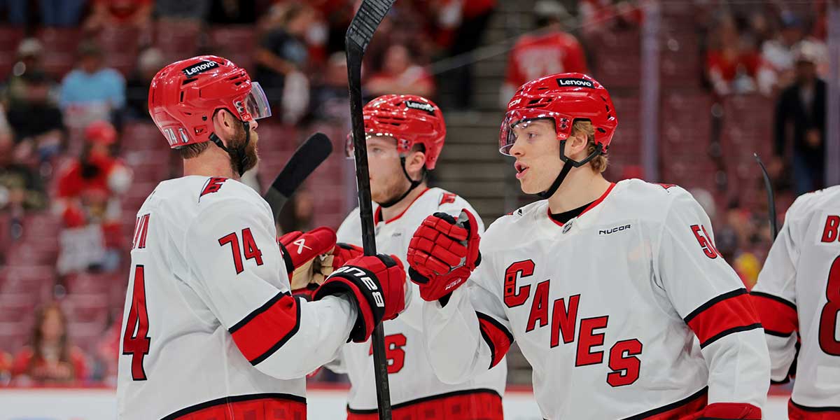 The Carolina Hurricanes celebrate after their win against Florida Panthers in game four of the Eastern Conference Final of the 2025 Stanley Cup Playoffs at Amerant Bank Arena.