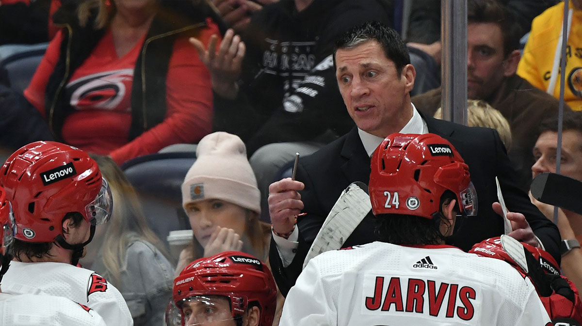 Carolina Hurricanes head coach Rod Brind'Amour talks with his players during a stoppage during the second period against the Nashville Predators at Bridgestone Arena.