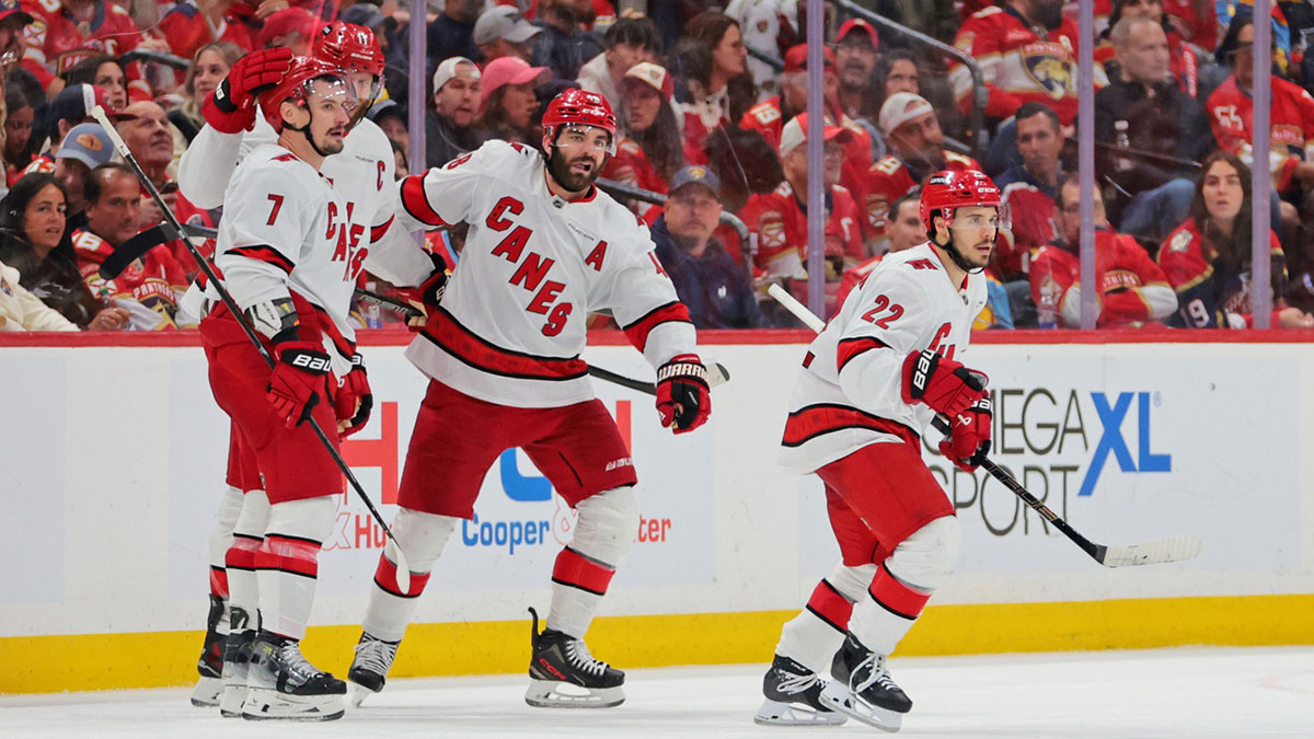 Carolina Hurricanes center Logan Stankoven (22) celebrates after scoring a goal during the second period against the Florida Panthers in game four of the Eastern Conference Final of the 2025 Stanley Cup Playoffs at Amerant Bank Arena.