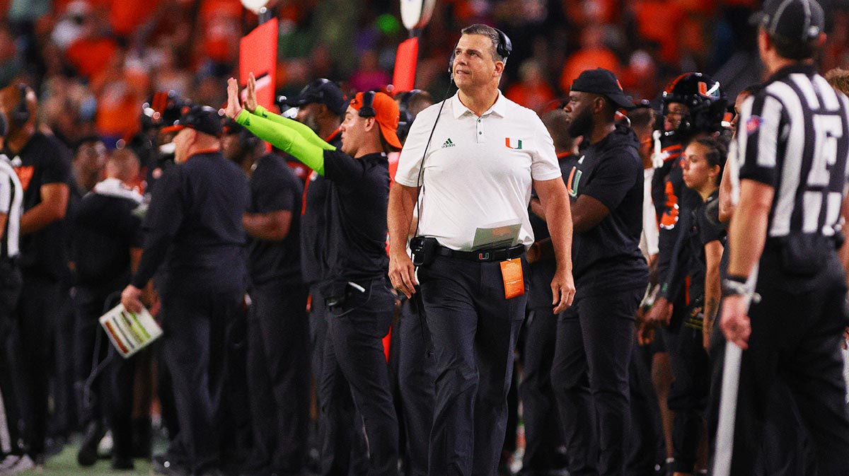 Miami Hurricanes head coach Mario Cristobal watches from the sideline against the Florida State Seminoles during the third quarter at Hard Rock Stadium