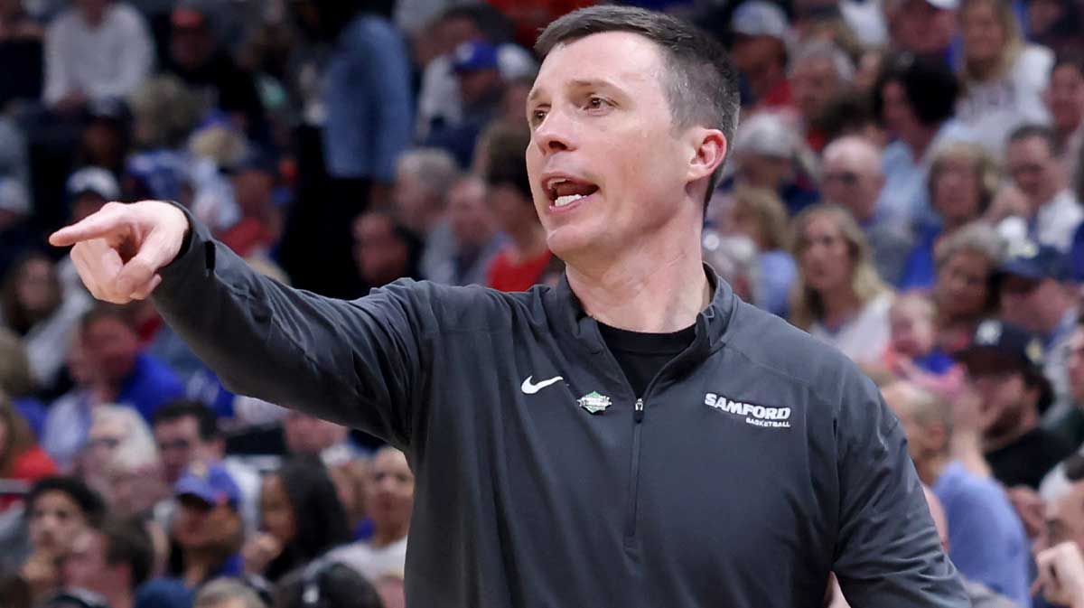 Samford Bulldogs head coach Bucky McMillan during the second half in the first round of the 2024 NCAA Tournament against the Kansas Jayhawks at Vivint Smart Home Arena-Delta Center.