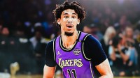 LA Lakers player Jaxson Hayes with the Lakers arena in the background benching Timberwolves