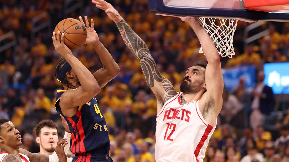 Houston Rockets center Steven Adams (12) defends the shot by Golden State Warriors guard Moses Moody (4) during the second quarter of game four of the 2025 NBA Playoffs first round at Chase Center.