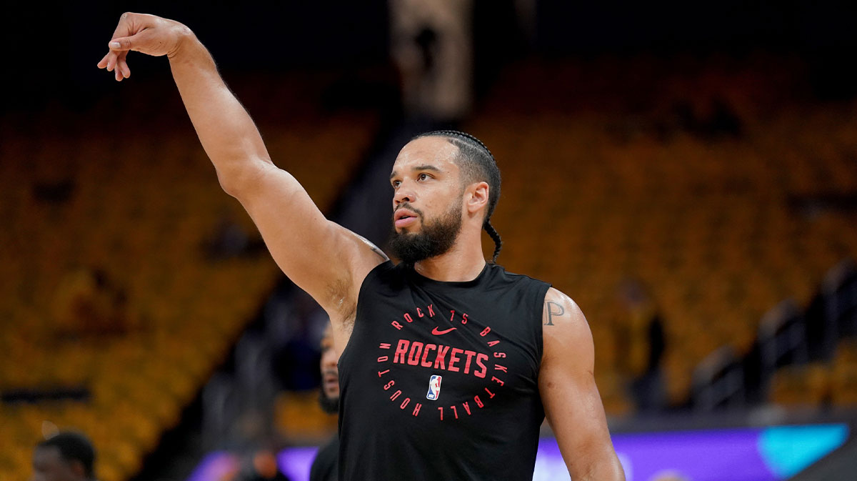 Houston Rockets guard Dillon Brooks (9) warms up against the Golden State Warriors before the start of game six of the first round for the 2025 NBA Playoffs at Chase Center.