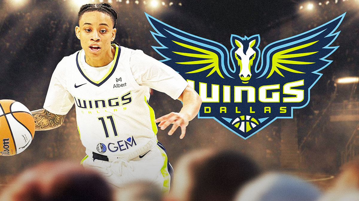 WNBA player JJ Quinerly in a Dallas Wings jersey with the Wings logo in the background preseason