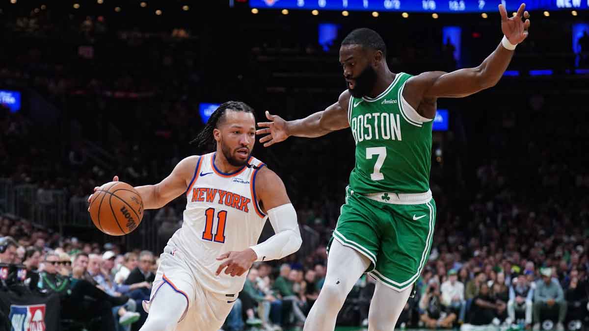 A; New York Knicks guard Jalen Brunson (11) drives the ball against Boston Celtics guard Jaylen Brown (7) in the first quarter during game two of the second round for the 2025 NBA Playoffs at TD Garden.