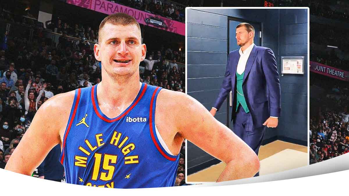 Denver Nuggets player Nikola Jokic next to a screenshot of his outfit from this link, Joker Game 3 Thunder