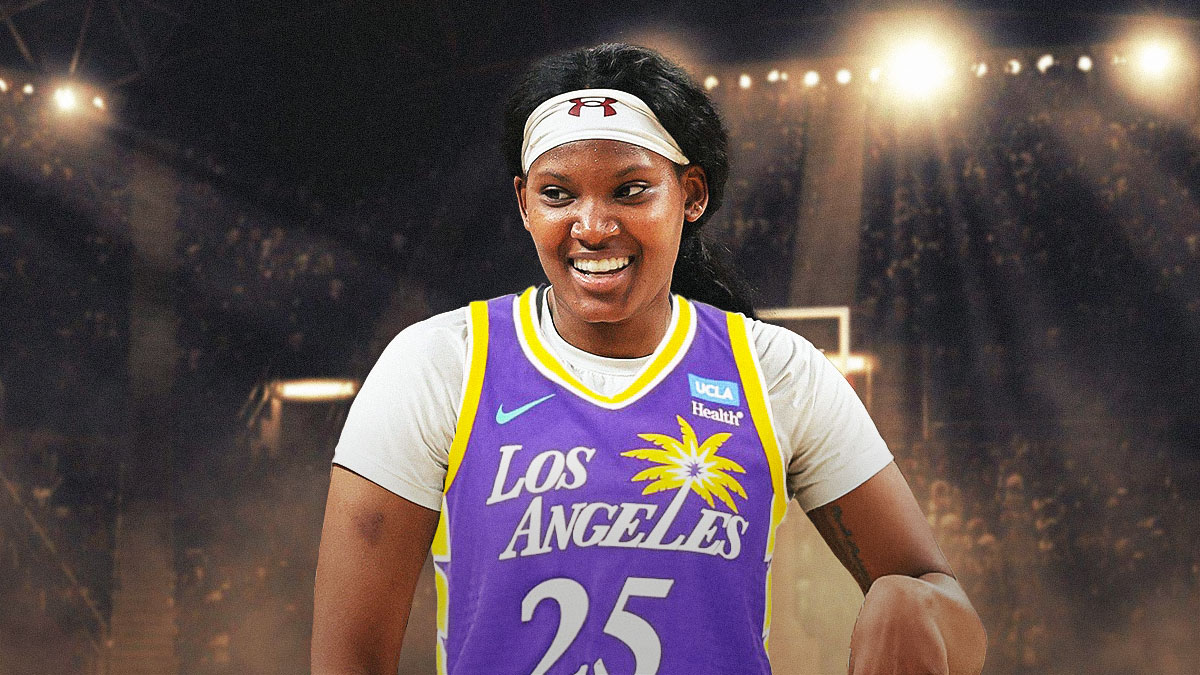 WNBA player Sania Feagin in a LA Sparks jersey with the LA Sparks arena in the background, WNBA rookie