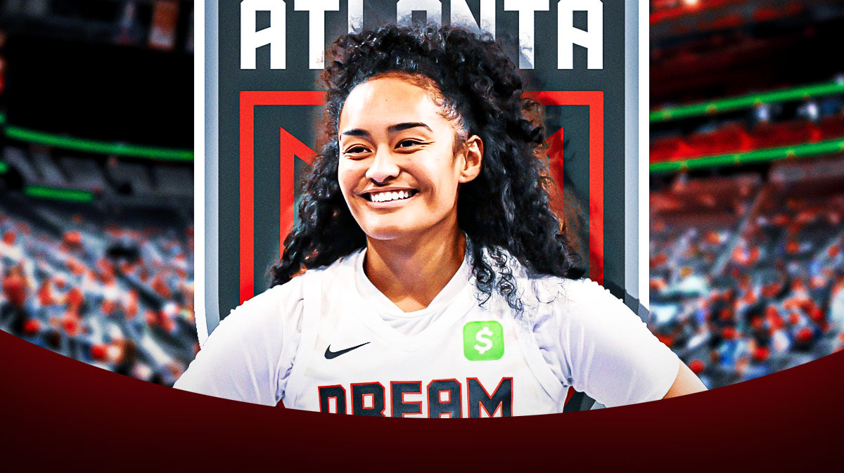 WNBA player Te-Hina Paopao in an Atlanta Dream jersey with the Atlanta Dream logo in the background, Fever preseason