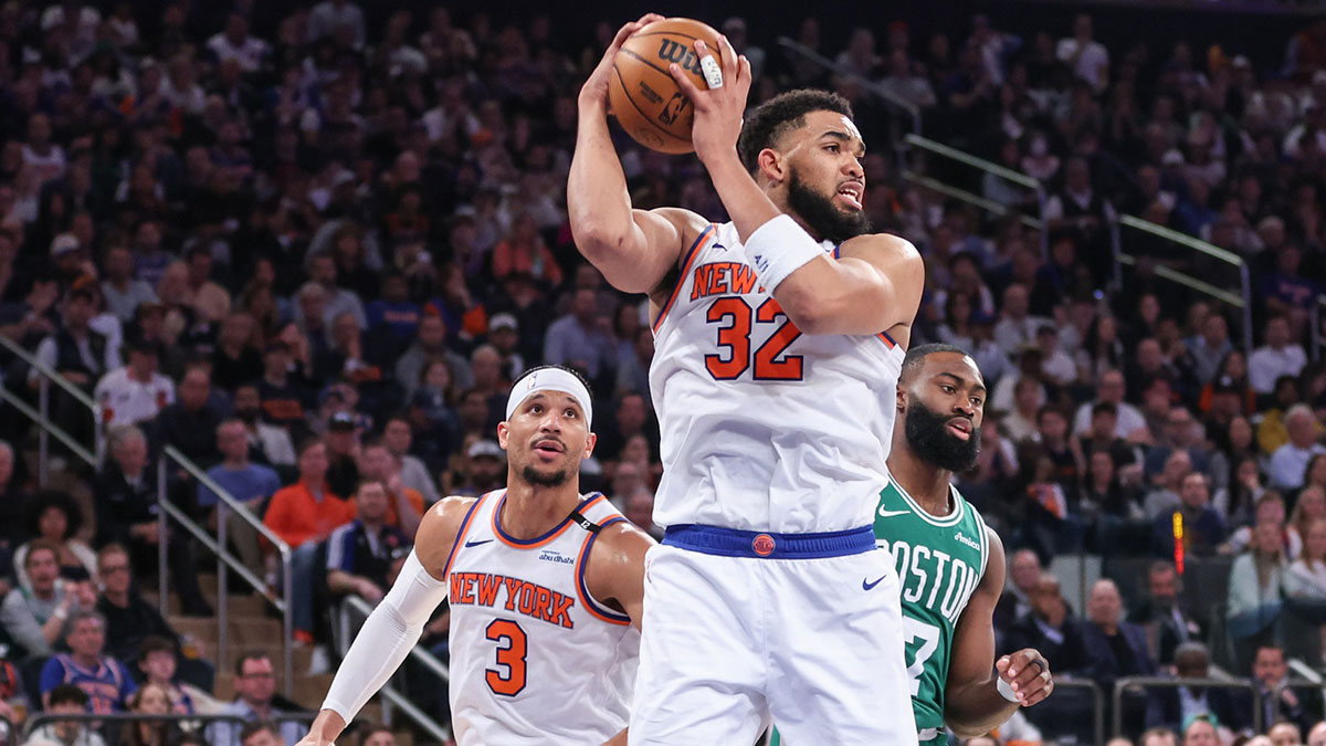 ; New York Knicks center Karl-Anthony Towns (32) grabs a rebound in the third quarter against the Boston Celtics during game three of the second round for the 2025 NBA Playoffs at Madison Square Garden.