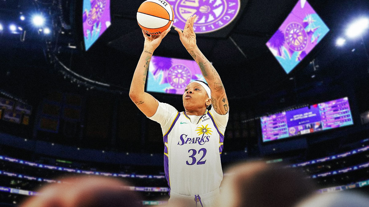WNBA player Emma Cannon in a LA Sparks jersey with the LA Sparks arena in the background, WNBA mother