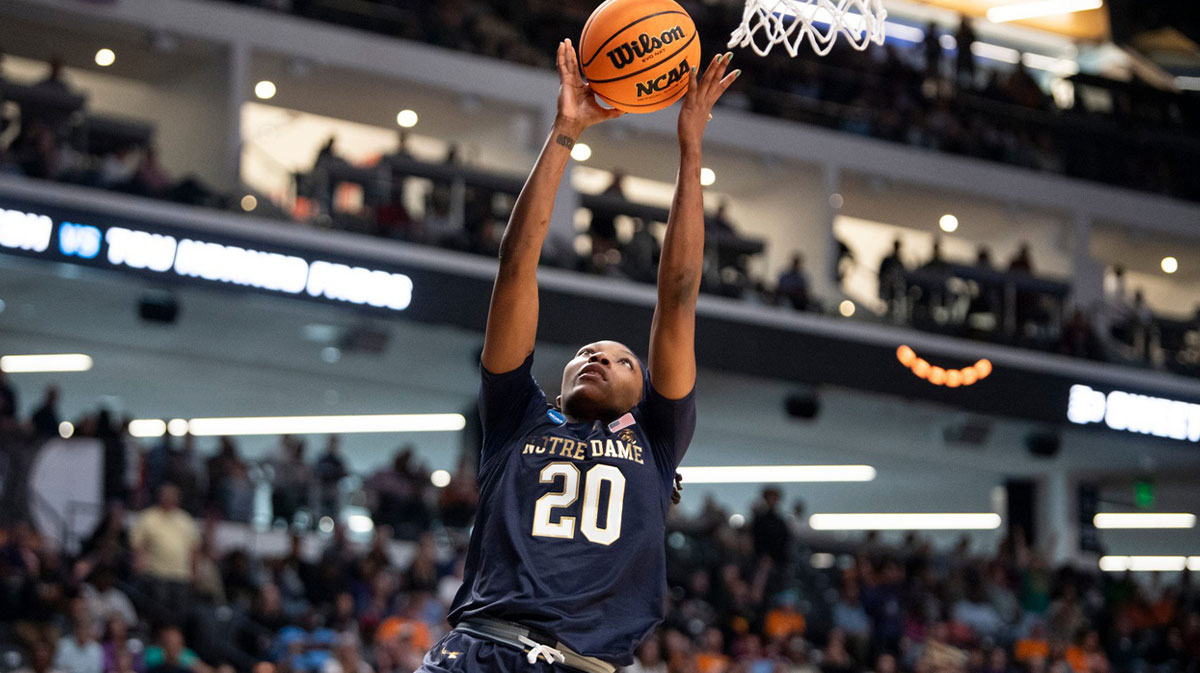 Notre Dame Fighting Irish forward Liatu King (20) goes up for a layup as TCU Horned Frogs face off with Notre Dame Fighting Irish during the Sweet 16 at Legacy Arena in Birmingham, Ala., on Saturday, March 29, 2025. TCU Horned Frogs defeated Notre Dame Fighting Irish 71-62 to advance to the Elite 8.