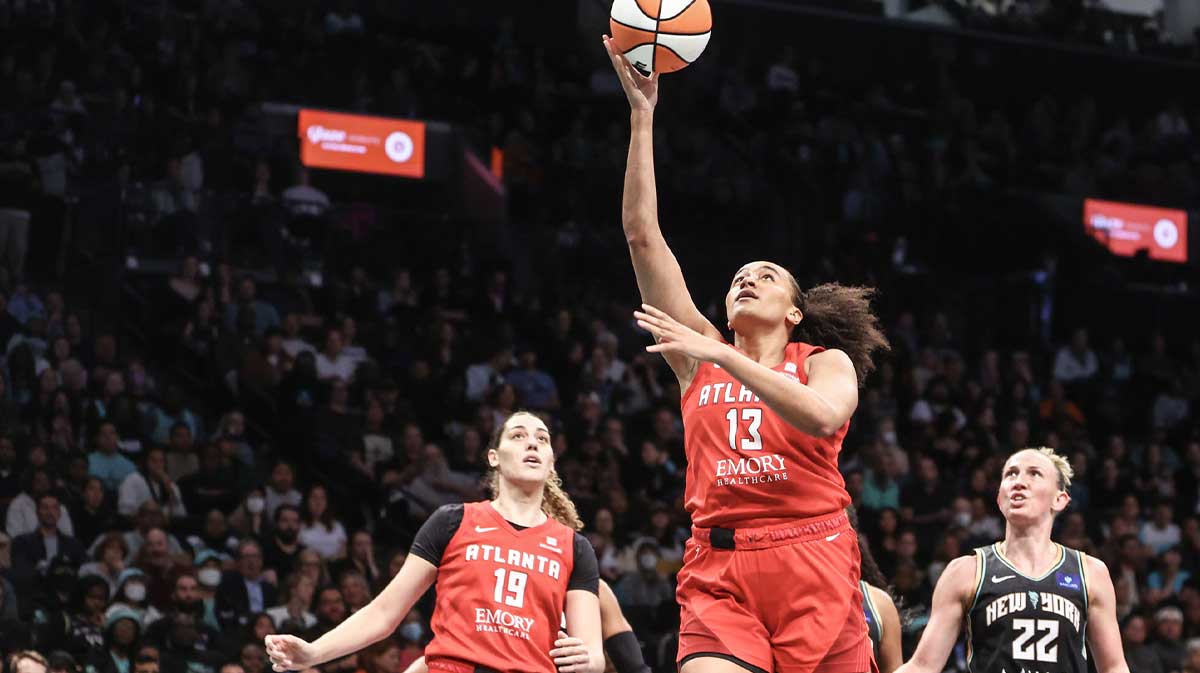 A; Atlanta Dream guard Haley Jones (13) during game two of the first round of the 2024 WNBA Playoffs at Barclays Center.