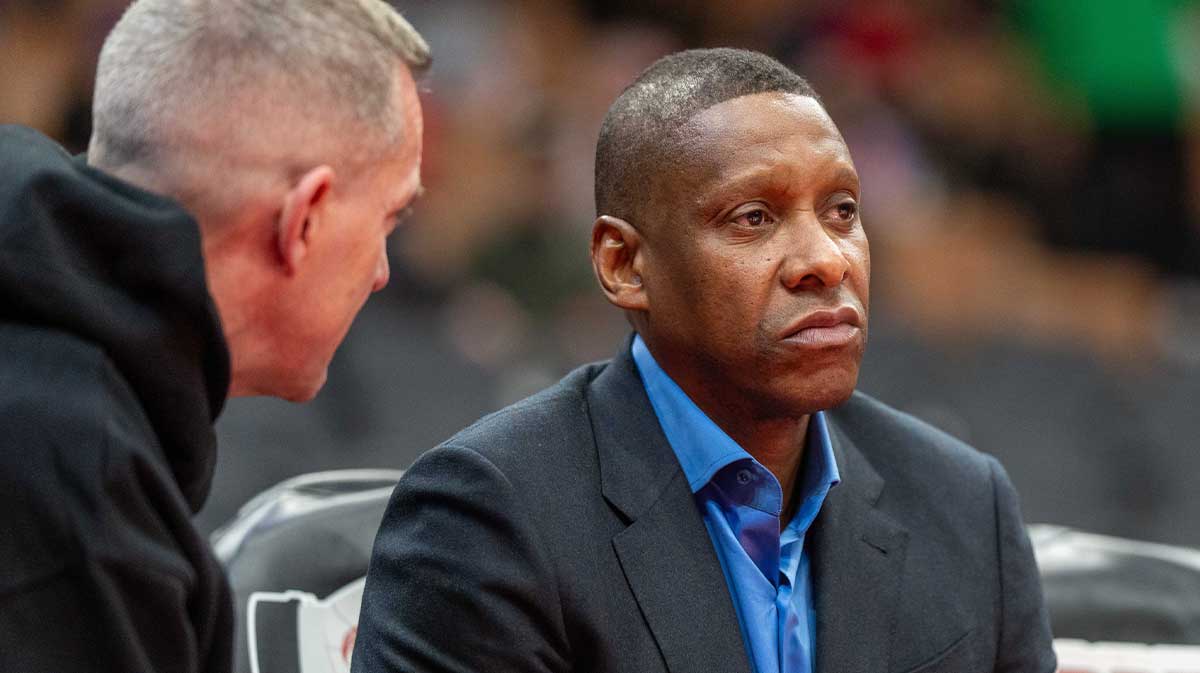 Toronto Raptors president Masai Ujiri looks on court side before a NBA game against the Miami Heat at Scotiabank Arena.