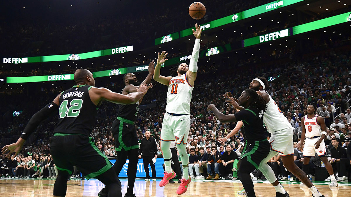 New York Knicks guard Jalen Brunson (11) drives to the basket past Boston Celtics guard Jaylen Brown (7) in the first half during game five of the second round for the 2025 NBA Playoffs at TD Garden.