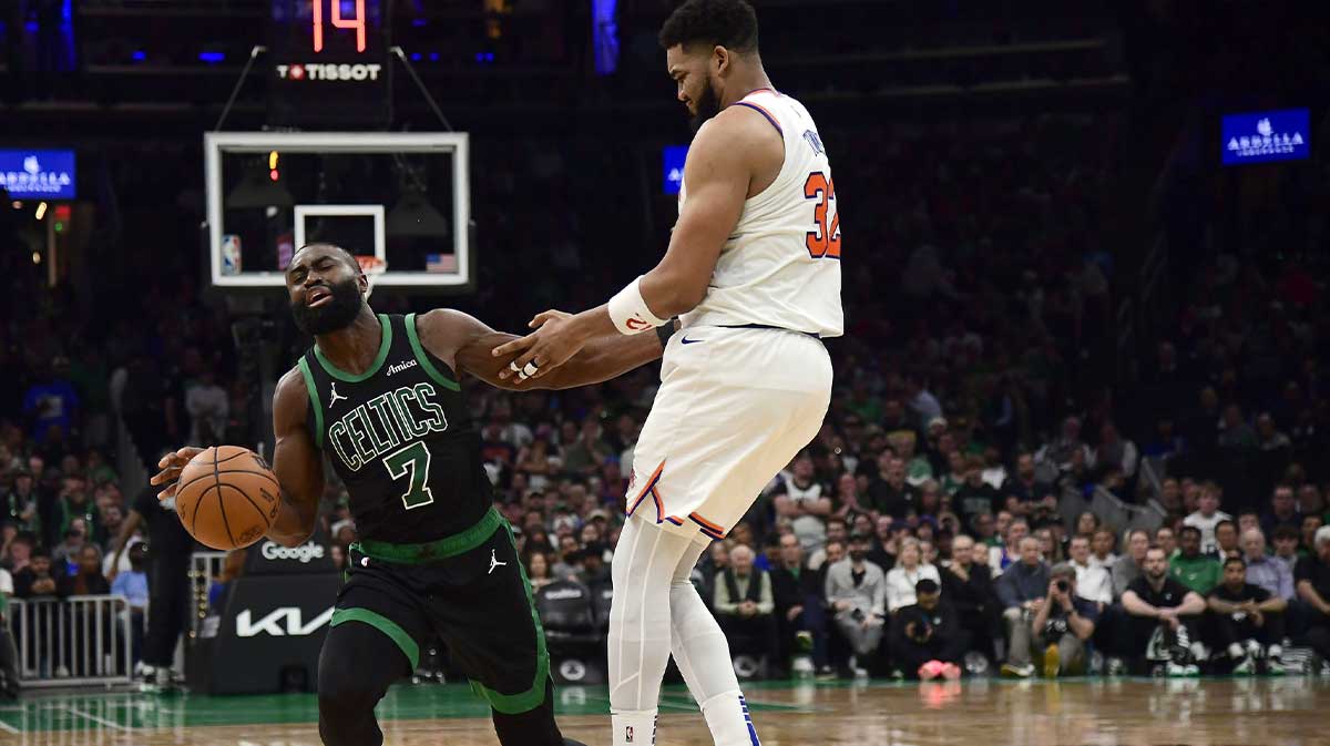 New York Knicks center Karl-Anthony Towns (32) fouls Boston Celtics guard Jaylen Brown (7) in the second half during game five of the second round for the 2025 NBA Playoffs at TD Garden.