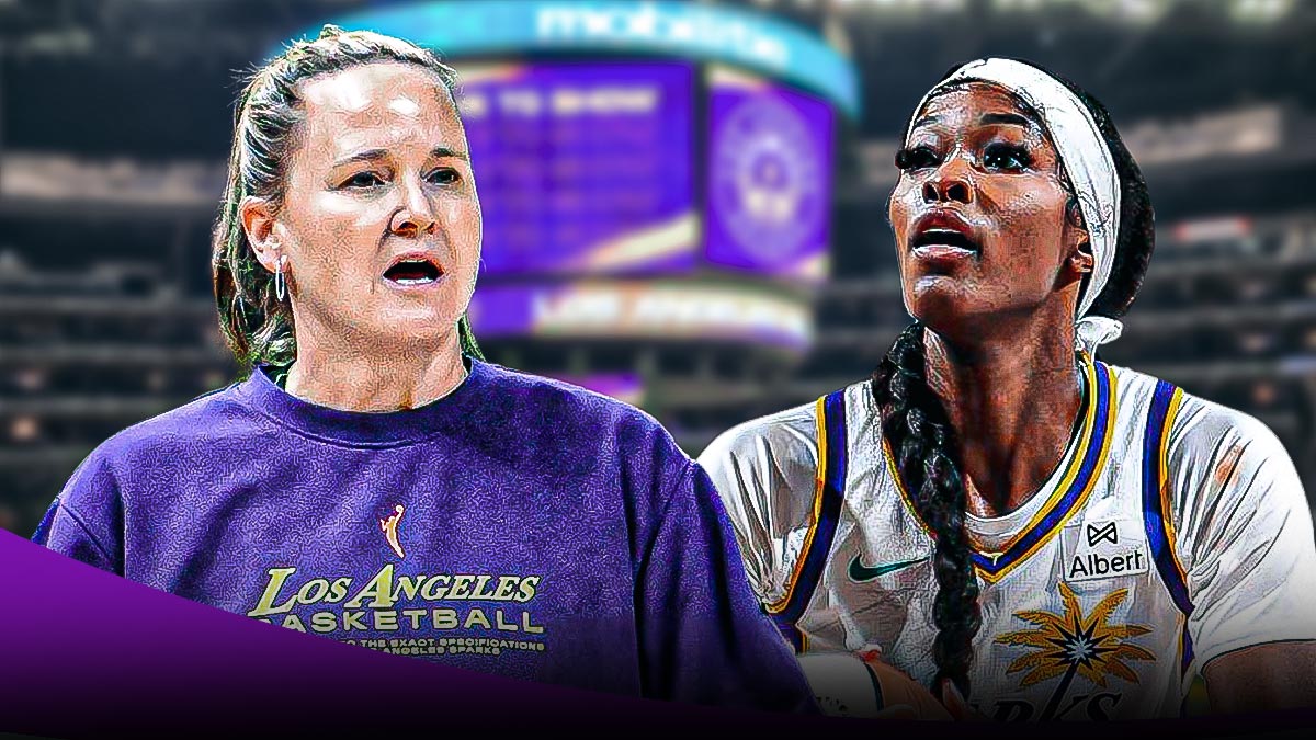 LA Sparks player Rickea Jackson alongside LA Sparks coach Lynne Roberts with the LA Sparks arena in the background, season