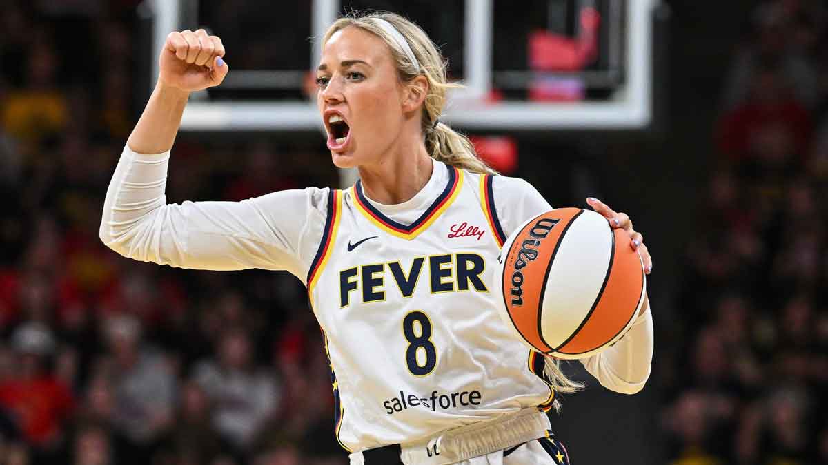 Indiana Fever guard Sophie Cunningham (8) reacts during the third quarter against the Brazil National Team at Carver-Haweye Arena.