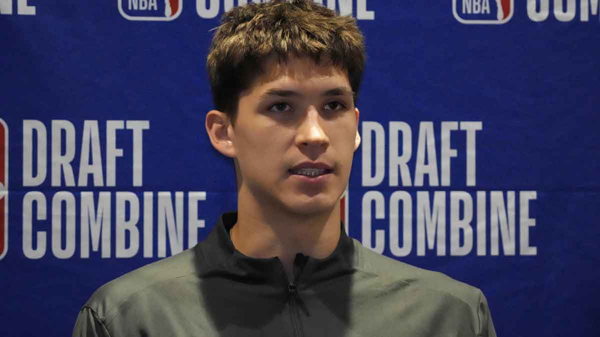 Egor Demin talks to the media during the 2025 NBA Draft Combine at Marriott Marquis Chicago.
