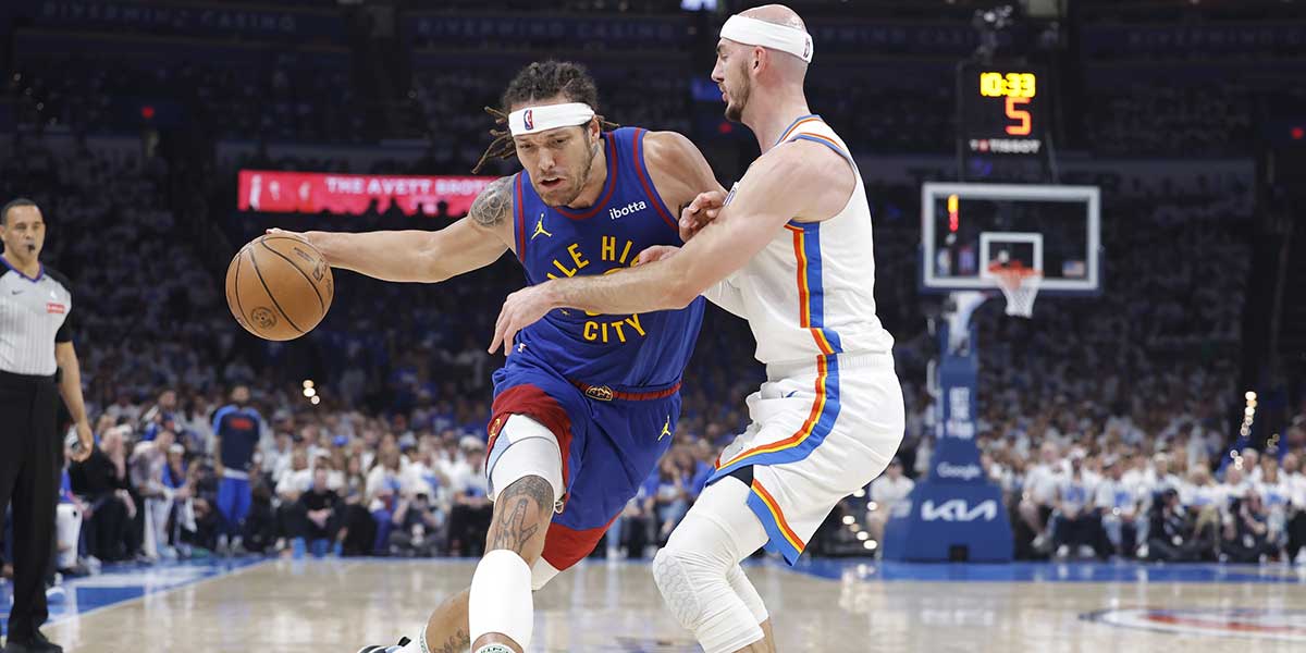 Denver Nuggets forward Aaron Gordon (32) drives down the court against Oklahoma City Thunder guard Alex Caruso (9) during the second quarter of game five of the second round for the 2025 NBA Playoffs at Paycom Center.