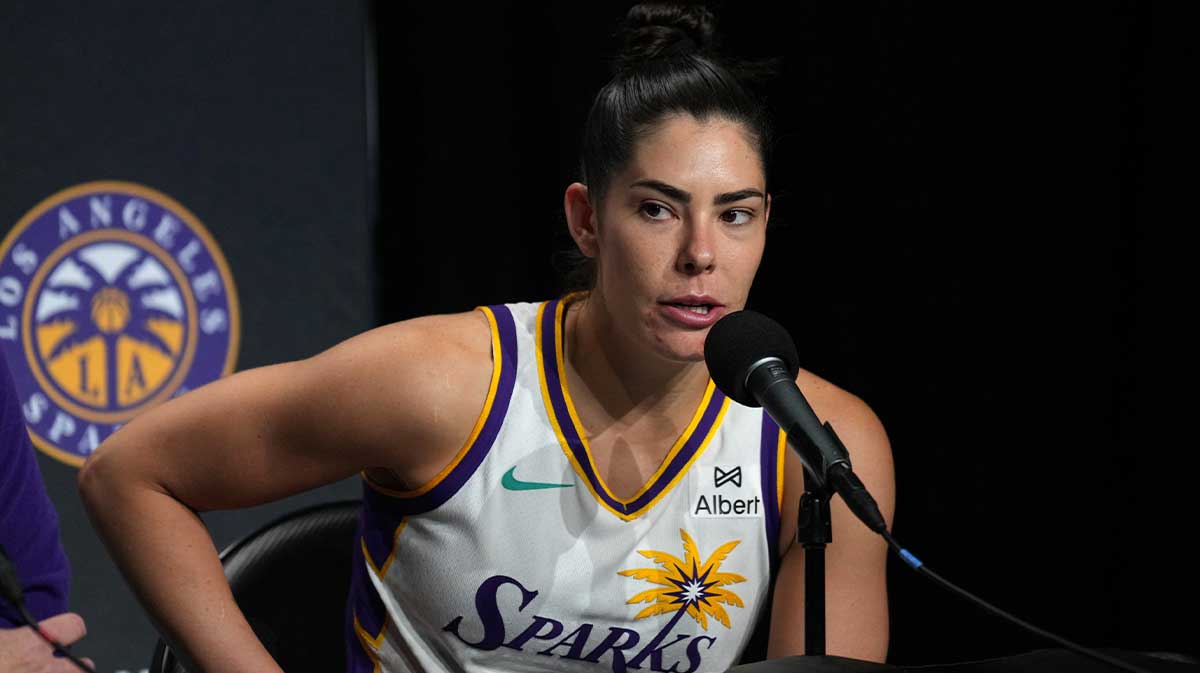 Los Angeles Sparks guard Kelsey Plum (10) talks with media members after the game against the Golden State Valkyries at Chase Center.