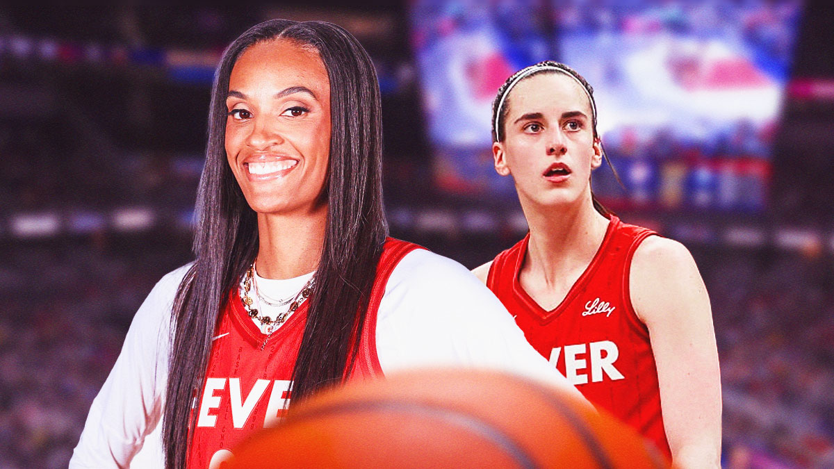 Indiana Fever players Caitlin Clark and DeWanna Bonner with the Fever arena in the background, Sky