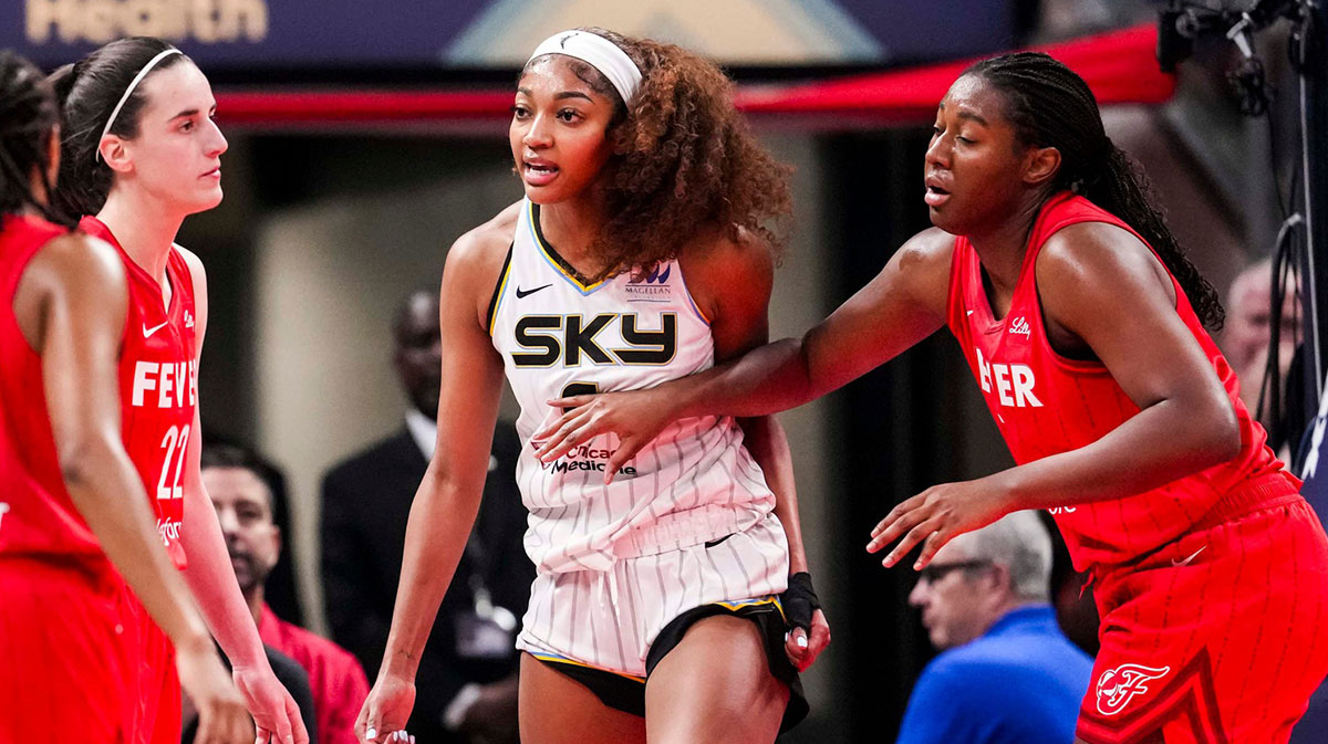 Chicago Sky forward Angel Reese (5) reacts to a flagrant foul from Indiana Fever guard Caitlin Clark (22) on Saturday, May 17, 2025, during a game between the Indiana Fever and the Chicago Sky at Gainbridge Fieldhouse in Indianapolis. The Indiana Fever defeated the Chicago Sky, 93-58.