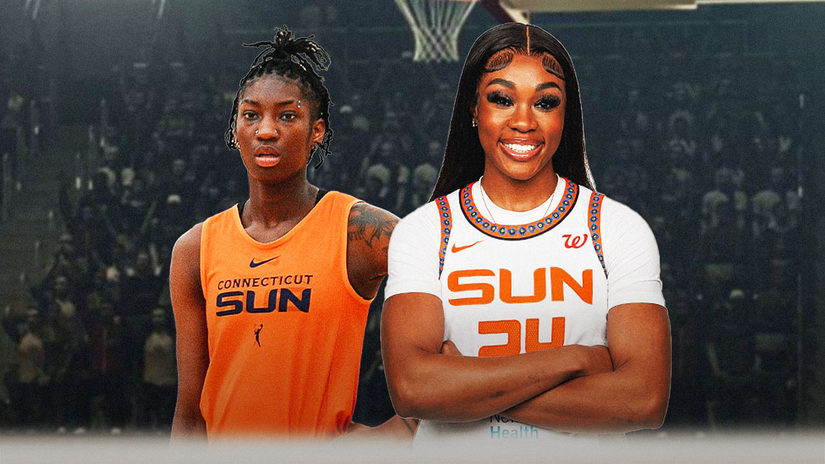 WNBA players Aneesah Morrow and Saniya Rivers in Connecticut Sun jerseys with the Connecticut Sun logo in the background, injury Mystics