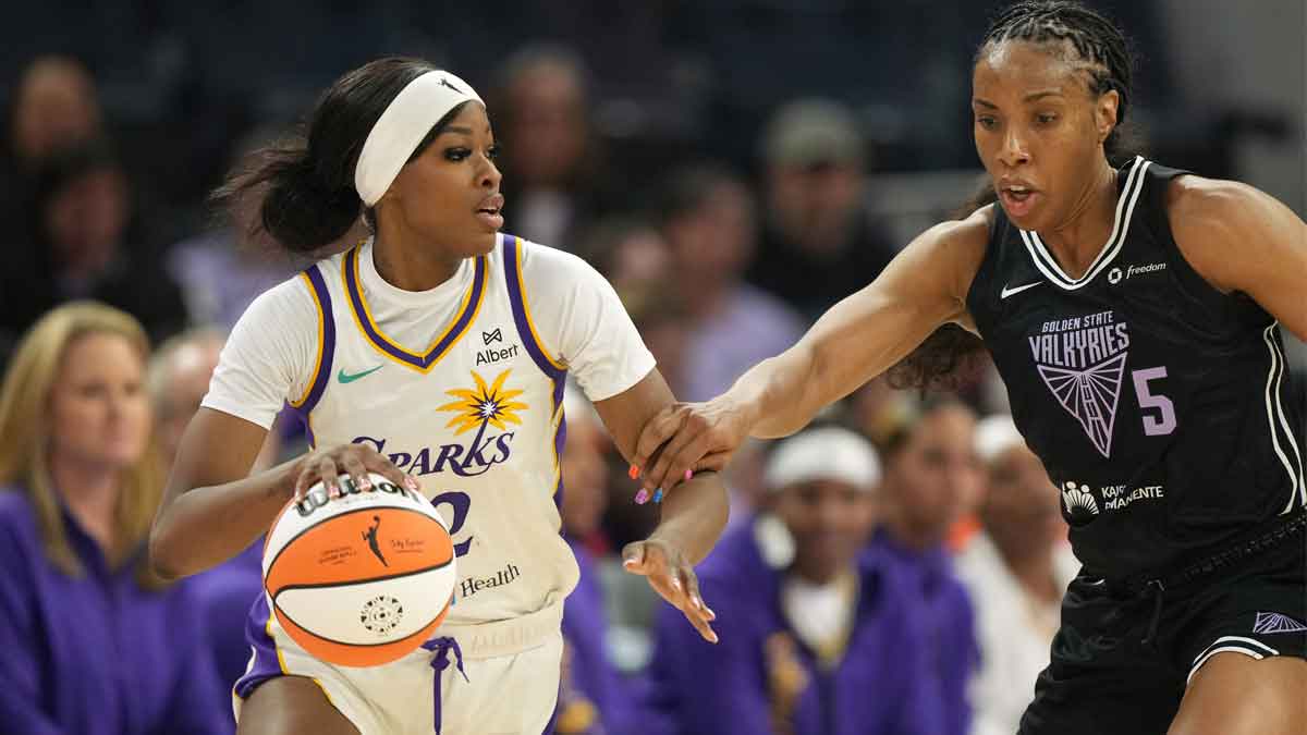 ; Los Angeles Sparks forward Rickea Jackson (left) dribbles against Golden State Valkyries forward Kayla Thornton (5) during the third quarter at Chase Center.