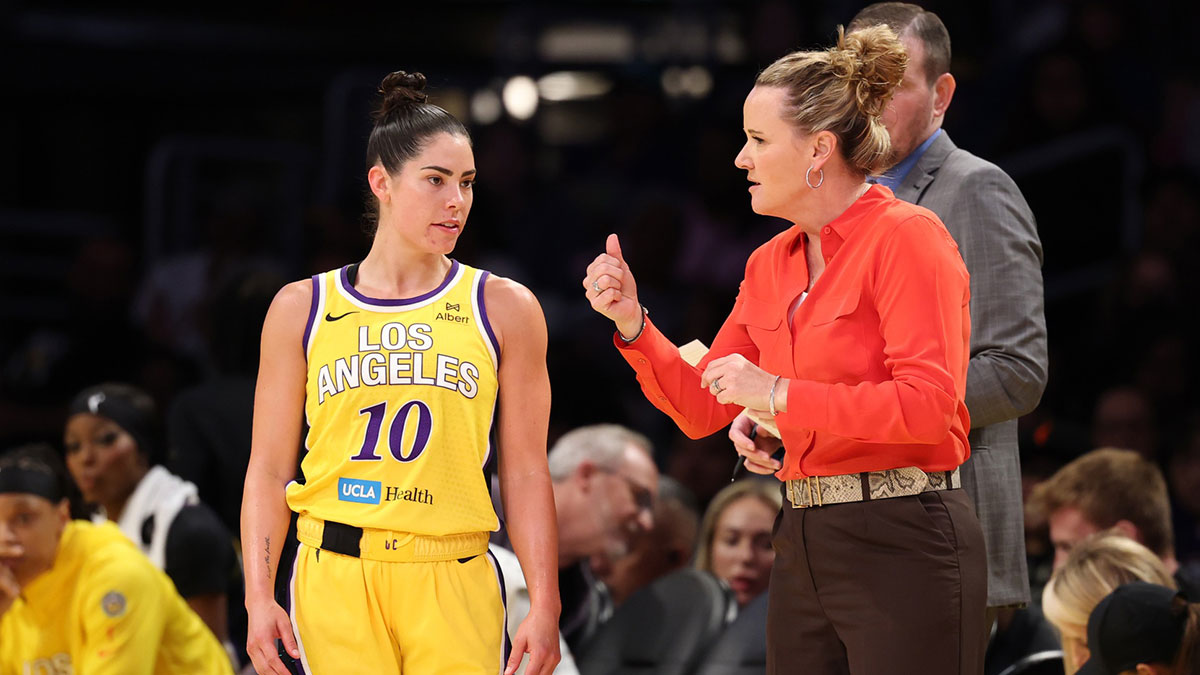 ; Los Angeles Sparks forward Rickea Jackson (left) dribbles against Golden State Valkyries forward Kayla Thornton (5) during the third quarter at Chase Center.