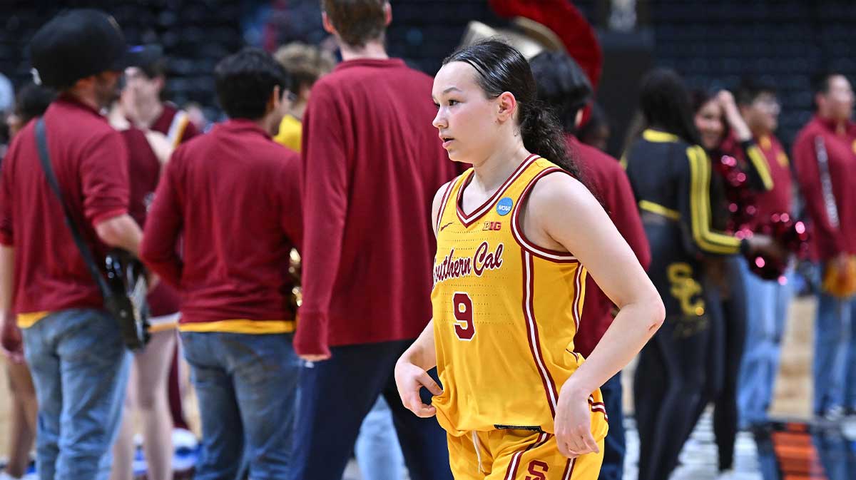 USC Trojans guard Kayleigh Heckel (9) walks off the court during the second half of a Sweet 16 NCAA Tournament basketball game against the Kansas State Wildcats at Spokane Arena.