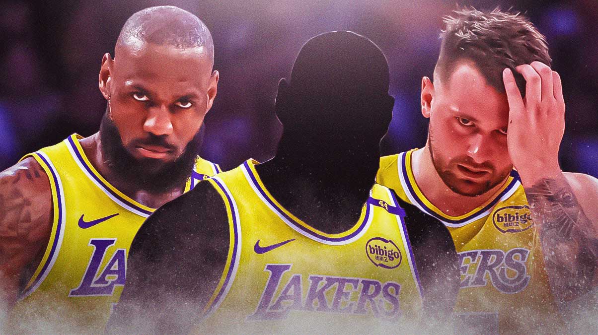 A shadowy player in a LA Lakers jersey in the middle. Have LA Lakers player LeBron James on one side and LA Lakers player Luka Doncic on the other, starting center trade