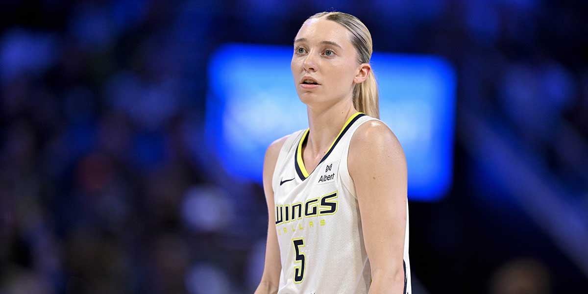 Dallas Wings guard Paige Bueckers (5) looks on during the first half against the Seattle Storm at College Park Center.