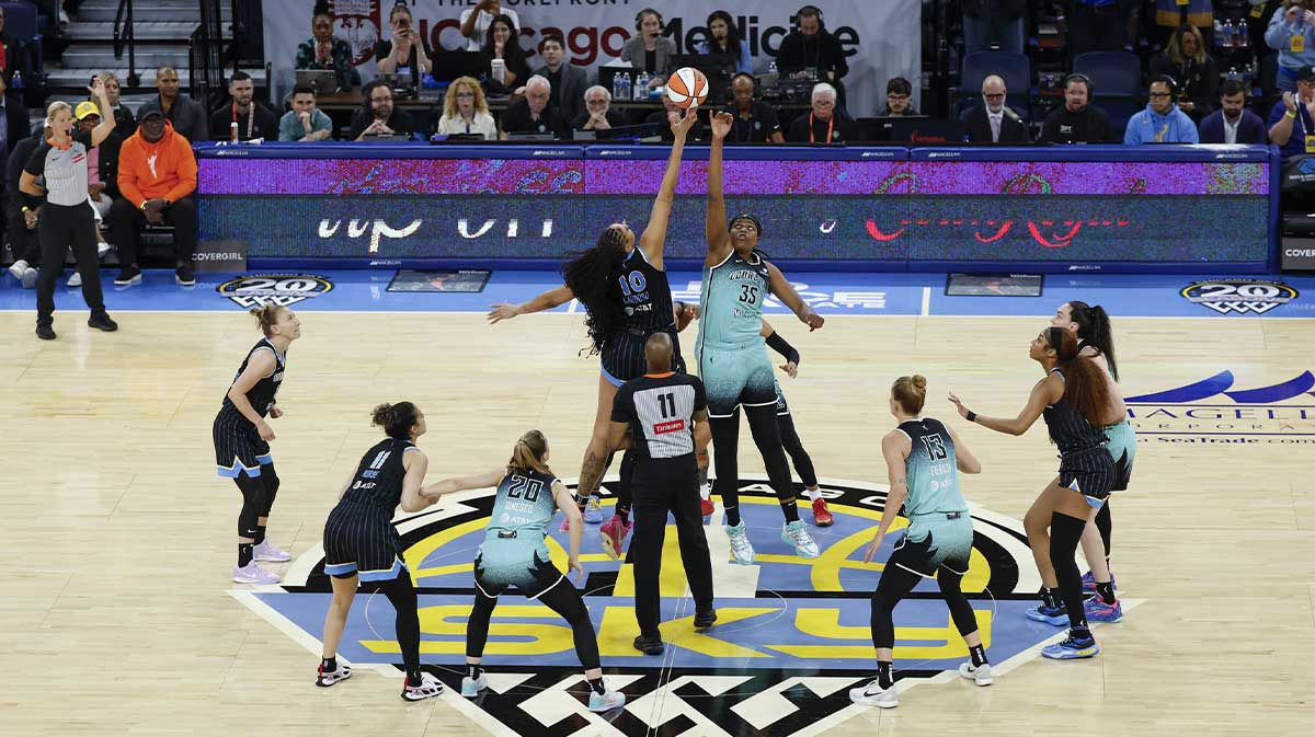 Chicago Sky center Kamilla Cardoso (10) battles for the ball with New York Liberty center Jonquel Jones (35) at the tip-off of a WNBA game at Wintrust Arena.