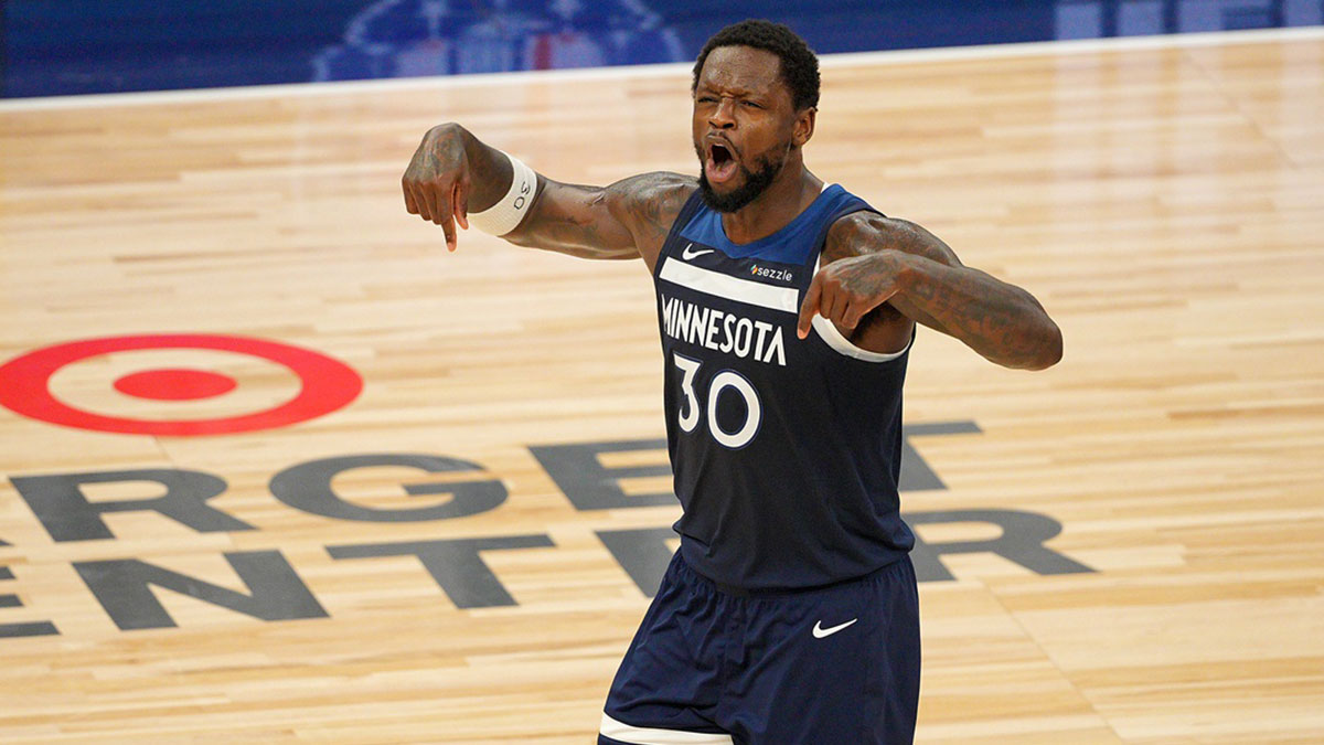 Minnesota Timberwolves forward Julius Randle (30) reacts against the Oklahoma City Thunder during the second half in game three of the western conference finals for the 2025 NBA Playoffs at Target Center.