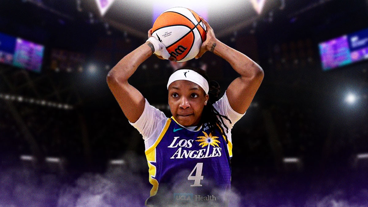 WNBA player Liatu King in a LA Sparks jersey with the LA Sparks arena in the background, rookie hardship contract