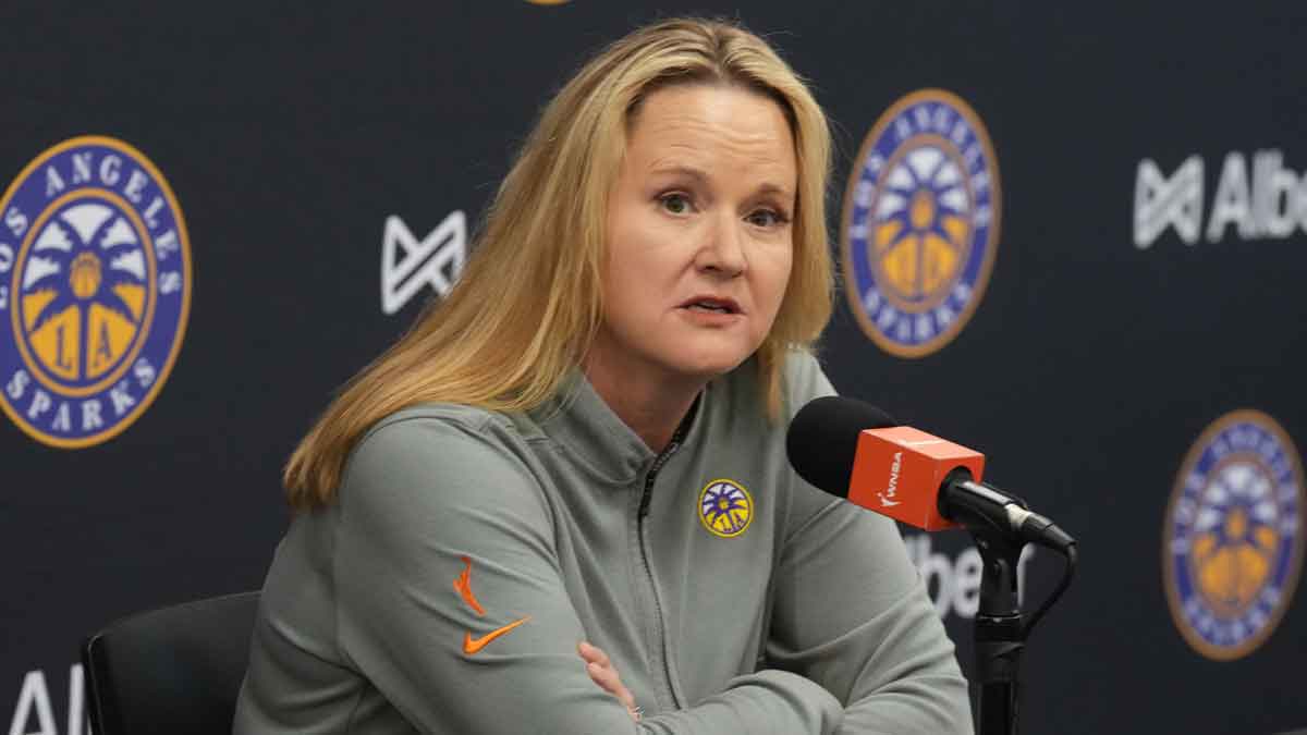 ; LA Sparks coach Lynne Roberts at press conference before a game against the Atlanta Dream at Crypto.com Arena.