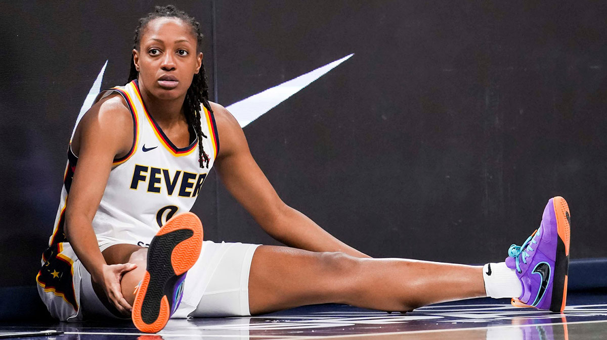 Indiana Fever guard Kelsey Mitchell (0) waits to come into the game Saturday, May 24, 2025, during a game between the Indiana Fever and the New York Liberty at Gainbridge Fieldhouse in Indianapolis. The New York Liberty defeated the Indiana Fever, 90-88.