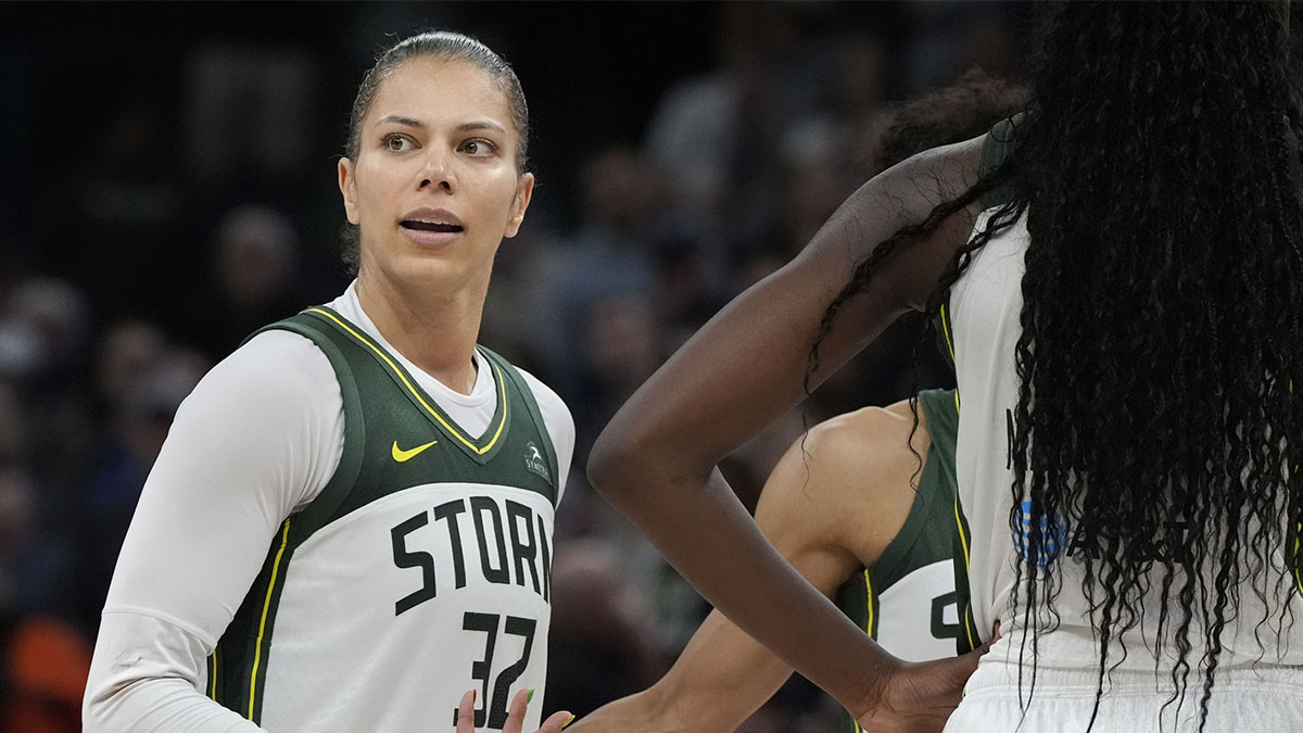 Seattle Storm forward Alysha Clark (32) questions a referee on a call for the Minnesota Lynx in the fourth quarter at Target Center.