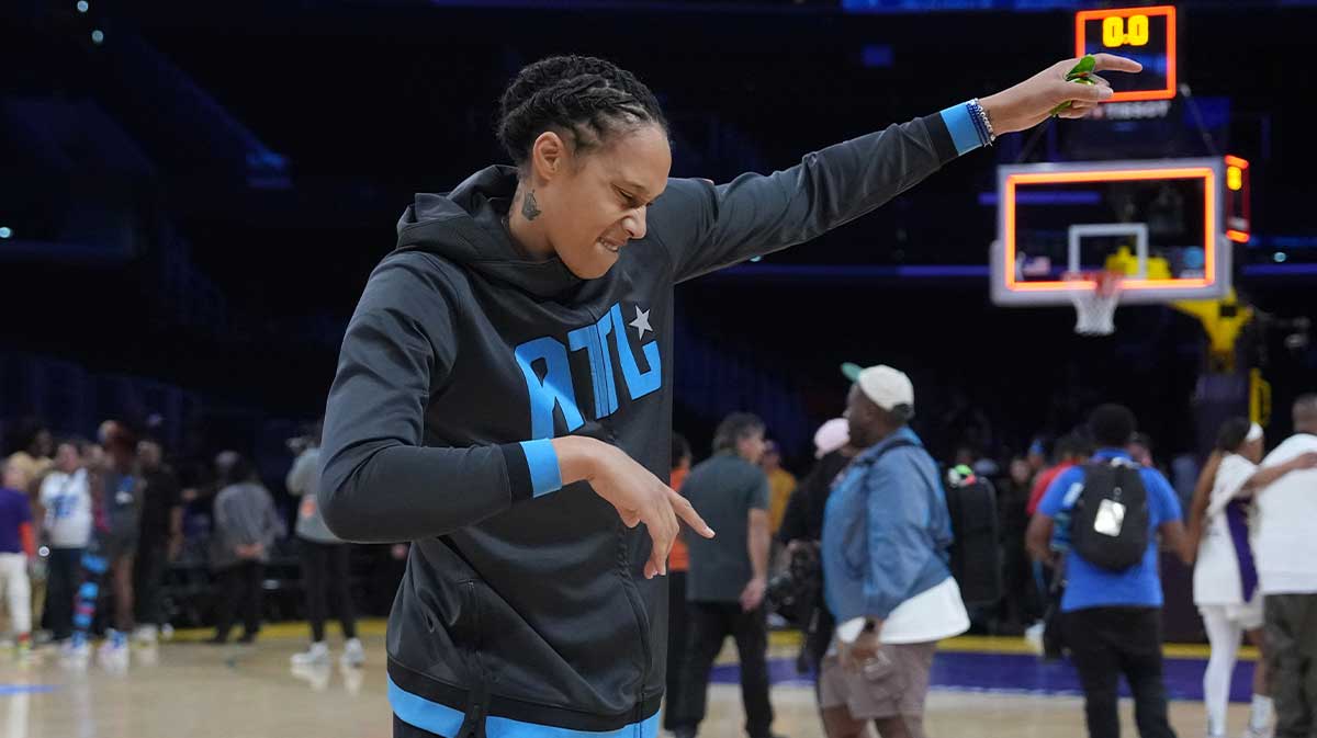 Atlanta Dream center Brittney Griner (42) reacts after a game against the LA Sparks at Crypto.com Arena.