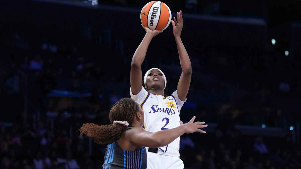 LA Sparks forward Rickea Jackson (2) shoots against Atlanta Dream forward Naz Hillmon (00) in the first half at Crypto.com Arena.