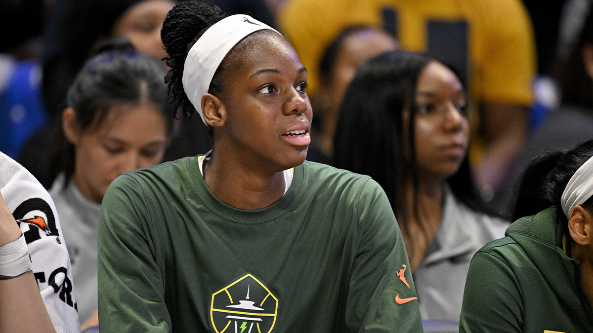 ; Seattle Storm center Dominique Malonga (14) looks on from the team bench during the second half against the Dallas Wings at College Park Center.