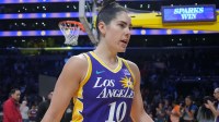 LA Sparks guard Kelsey Plum (10) leaves the court after the game against the Chicago Sky at Crypto.com Arena.