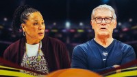 South Carolina Gamecocks head coach Dawn Staley reacts during the first quarter in a semifinal of the women's 2025 NCAA tournament against the Texas Longhorns at Amalie Arena. Connecticut Huskies head coach Geno Auriemma looks on during the second half against the South Carolina Gamecocks of the national championship of the women's 2025 NCAA tournament at Amalie Arena.