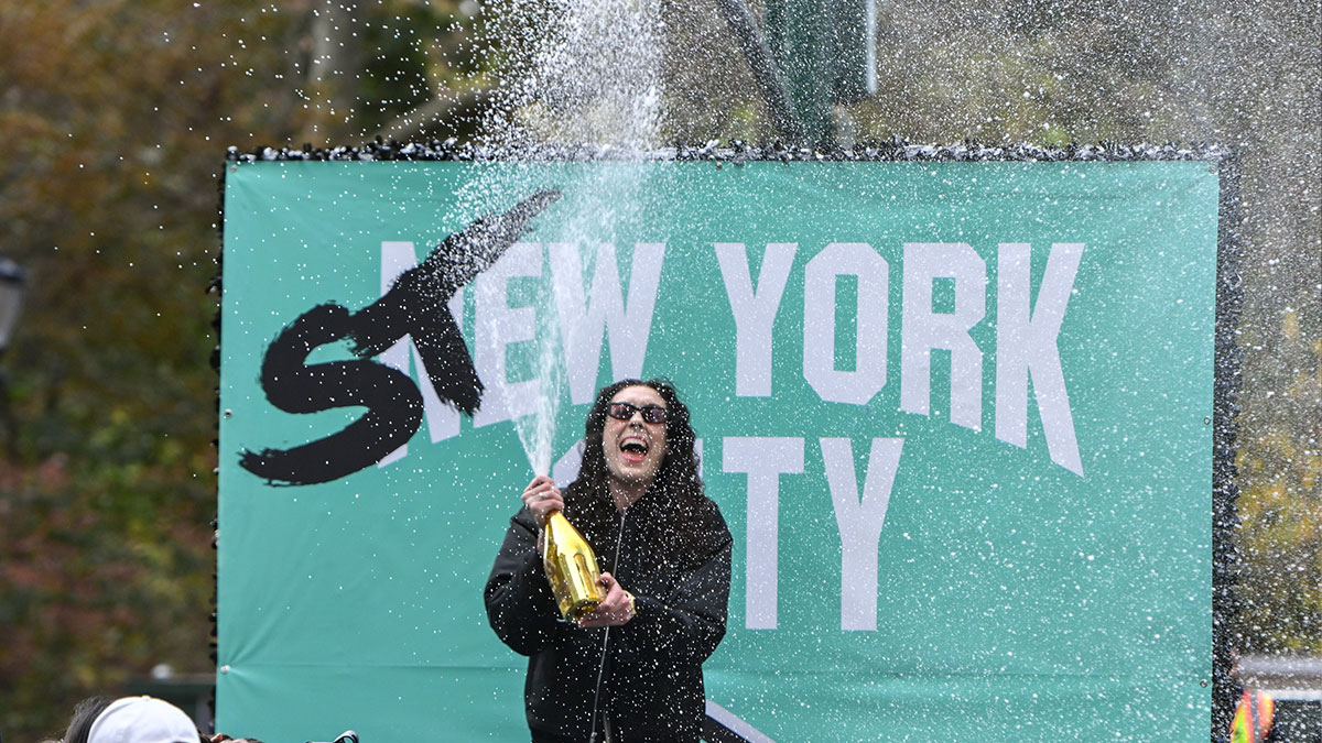 New York Liberty forward Breanna Stewart reacts during the New York Liberty championship parade along the Canyon of Heroes in New York.